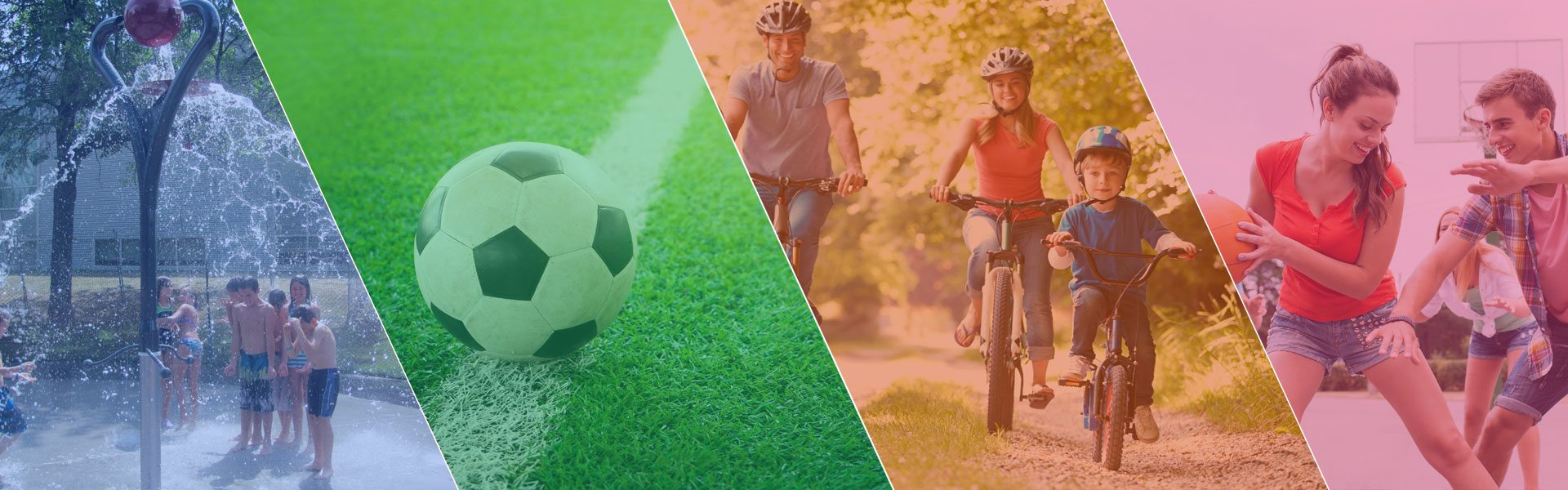Montage photo de diverses activités libres : jeux d'eau, soccer, vélo et basketball