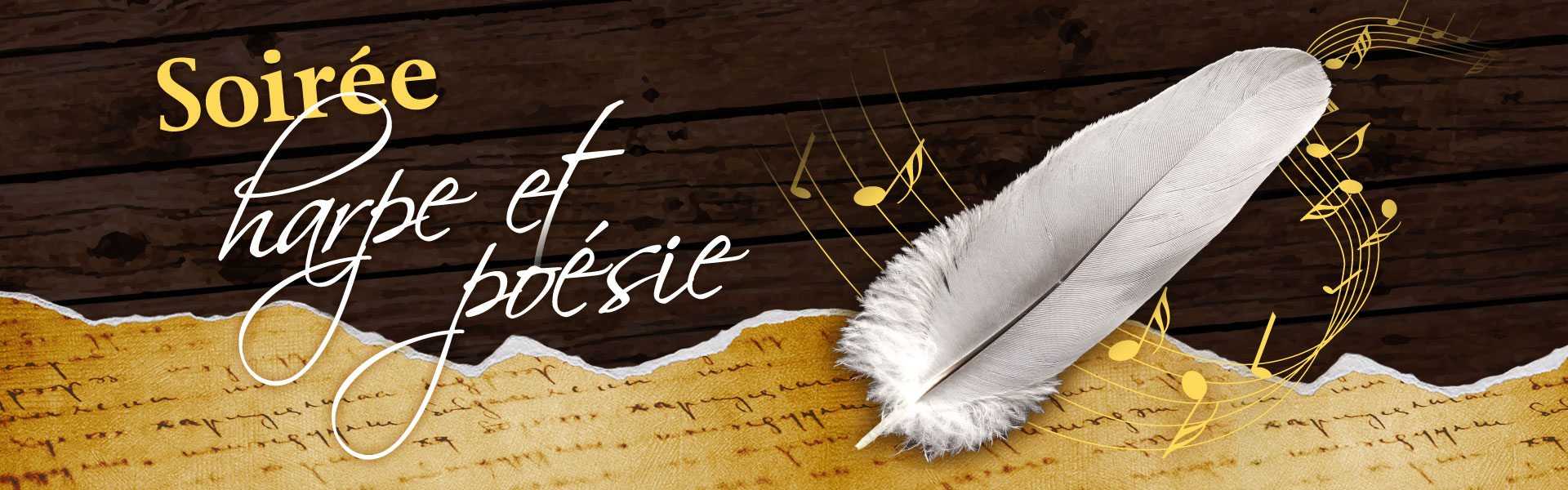 Visuel de boiserie, de texte manuscrit, d'une plume et d'une portée musicale accompagné du logo de l'évènement