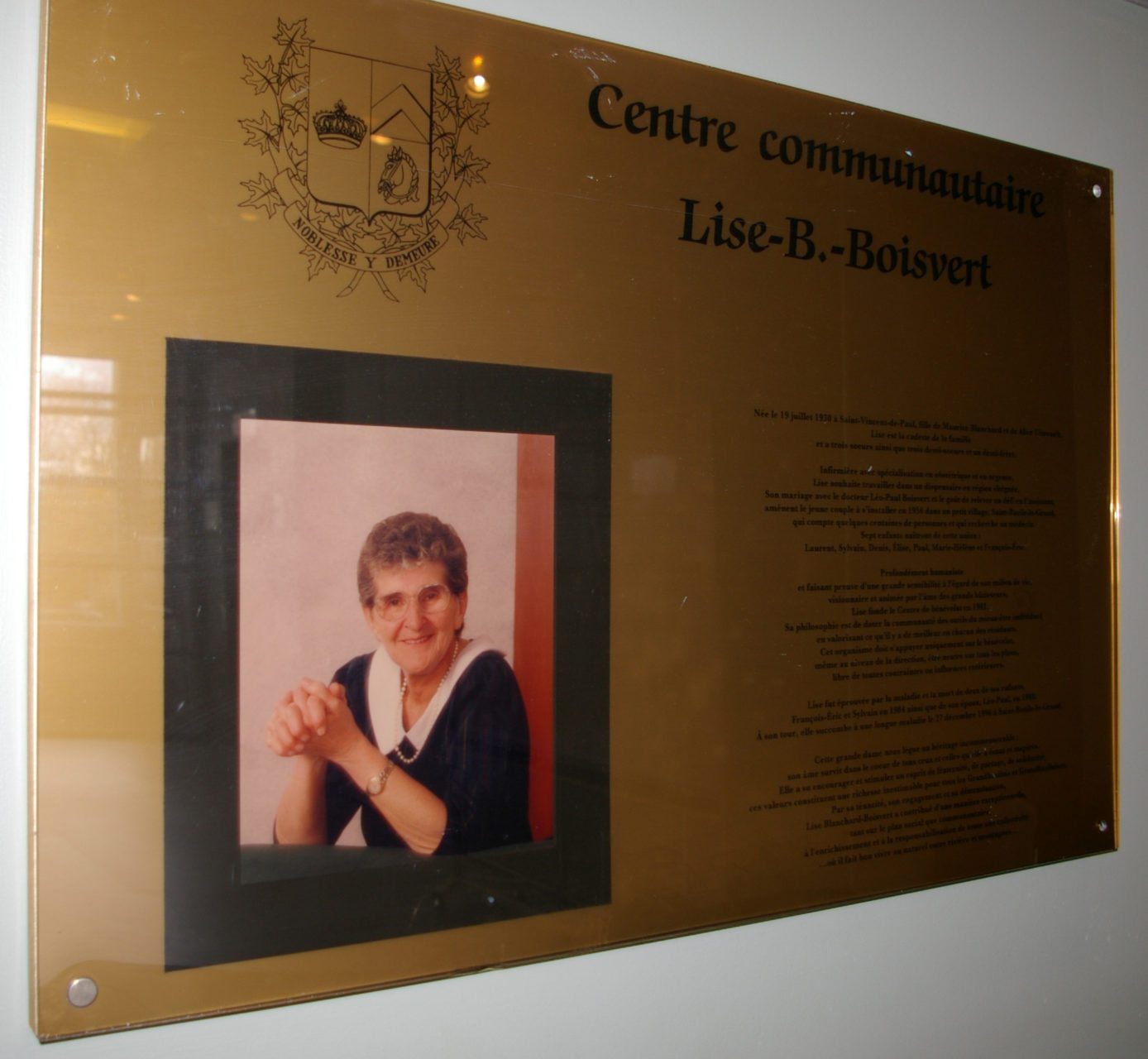 Plaque commémorative • Hommage à Lise B. Boisvert