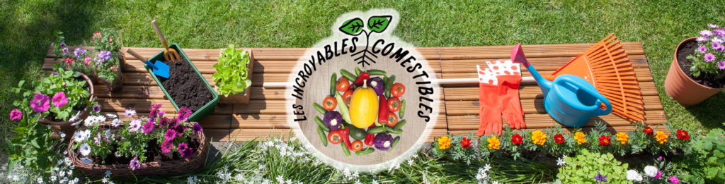 Vue d'un espace de jardin avec fleurs et accessoires ainsi que logo des Incroyables comestibles